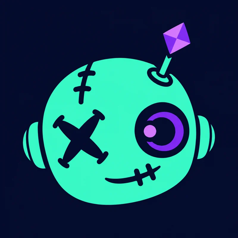 A mischievous mint AI mascot with stitched details and a glowing violet eye
